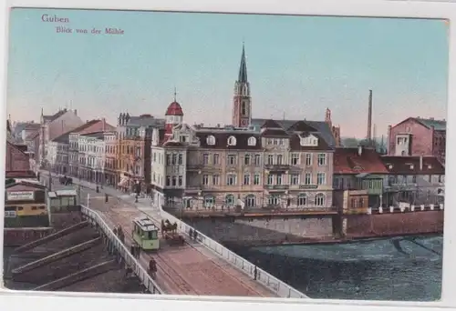 47640 AK Guben - Blick von der Mühle, Straßenansicht mit Straßenbahn 1916