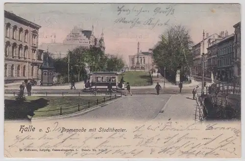 905124 AK Halle a. S. - Promenade mit Stadttheater und Straßenbahn 1903