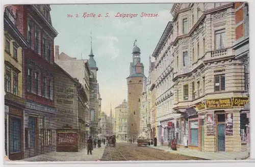 905145 AK Halle a. S. - Leipziger Strasse mit Geschäften und Fuhrwerk um 1910