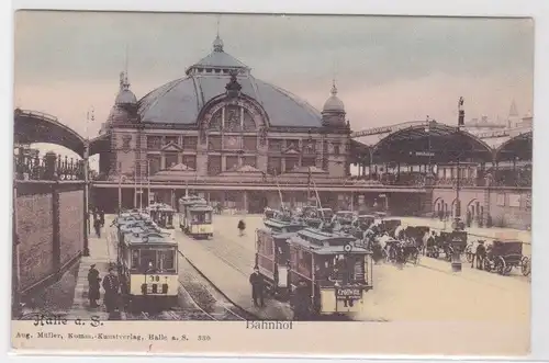 28861 AK Halle a. Saale - Bahnhof mit Kutschen und Straßenbahnen um 1900