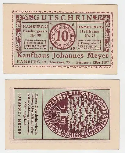 10 Pfennig NOTGELD Kaufhaus Johannes Meyer Hamburg Heussweg 95 1.6.1920 (115908)