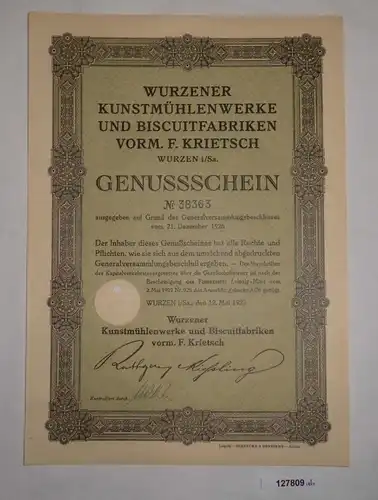 Genussschein Wurzener Kunstmühlenwerke & Biscuitfabriken Wurzen 1927 (127809)