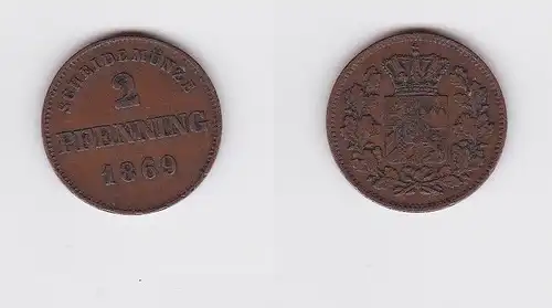2 Pfennig Kupfer Münze Bayern 1869 (122890)