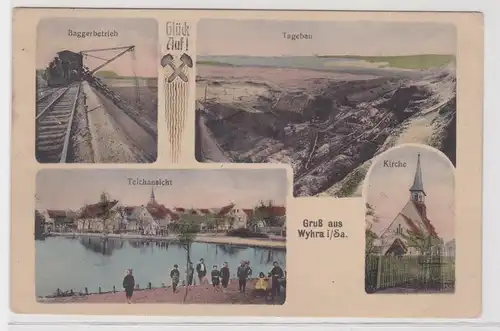 79822 Mehrbild Ak Gruß aus Wyhra in Sachsen Tagebau, Baggerbetrieb usw. 1914