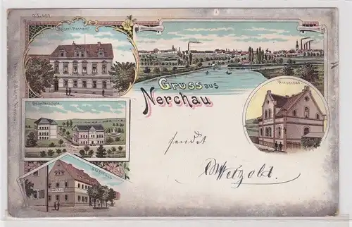 904697 Ak Gruss aus Nerchau - Postamt, Beamtenschule, Stadthaus, Wiesenbad 1899