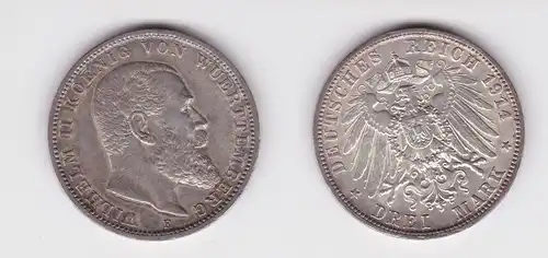 3 Mark Silber Münze Wilhelm II König von Württemberg 1911 vz (135807)