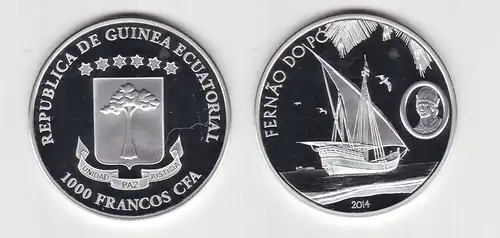 1000 Francos Silbermünze Äquatorial Guinea Segelschiff Fernao do Po 2014(122088)