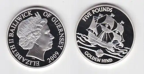 5 Pfund Silbermünze Guernsey Segelschiff Golden Hind 2009 PP (124840)