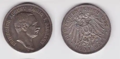 5 Mark Silbermünze Sachsen König Friedrich August 1908 Jäger 136 f.vz (139035)