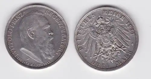 3 Mark Silbermünze Bayern Prinzregent Luitpold 1911 Jäger 49 vz (132705)
