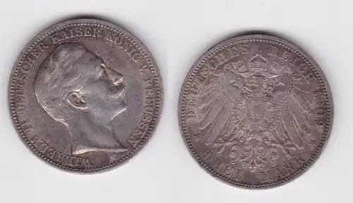 3 Mark Silbermünze Preussen Kaiser Wilhelm II 1909 A Jäger 103 ss+ (132777)