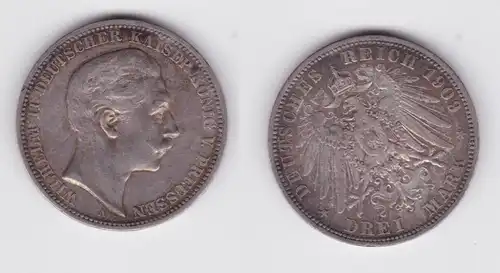 3 Mark Silbermünze Preussen Kaiser Wilhelm II 1909 A Jäger 103 ss+ (130845)