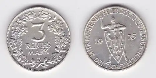 3 Mark Silber Münze 1000 Feier der Rheinlande 1925 D f.vz (136752)