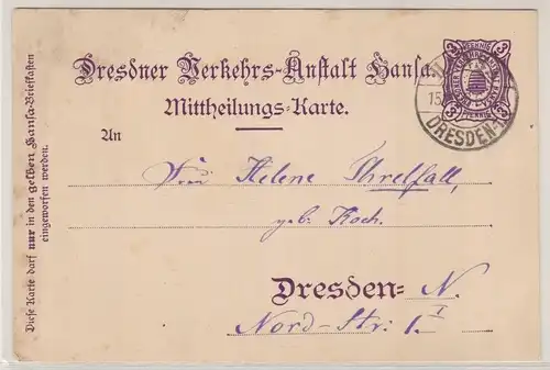 904708 Ganzsachen Postkarte Dresdner Verkehrs-Anstalt Hansa Dresden 1898