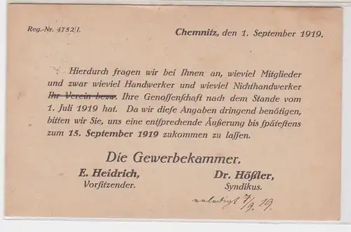 905790 Drucksache der Gewerbekammer Chemnitz - Anfrage der Mitgliederzahl 1919