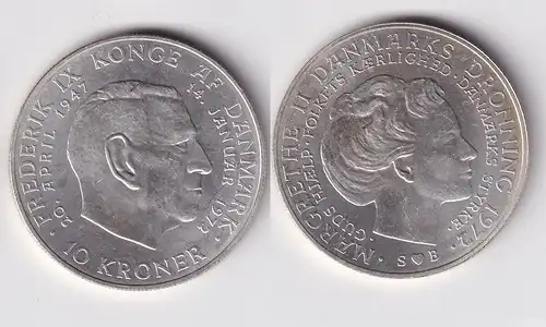 10 Kroner Silber Münze Dänemark Frederik IX und Margrethe II 1972 (162303)
