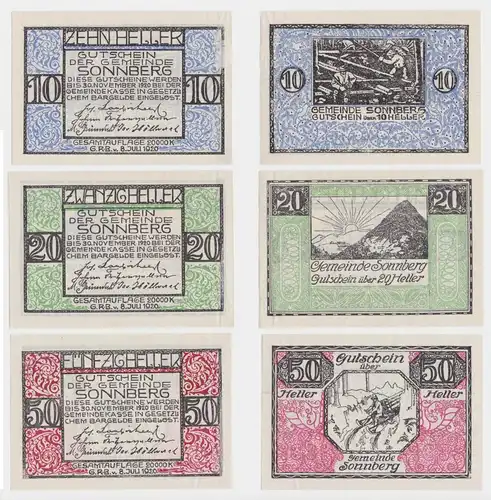 10,20 und 50 Heller Banknoten Notgeld Gemeinde Sonnberg 1920 (154765)