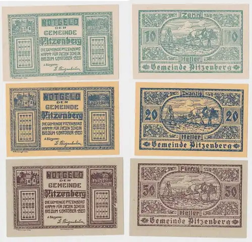 10,20 und 50 Heller Banknoten Notgeld Gemeinde Pitzenberg 1920 (154528)