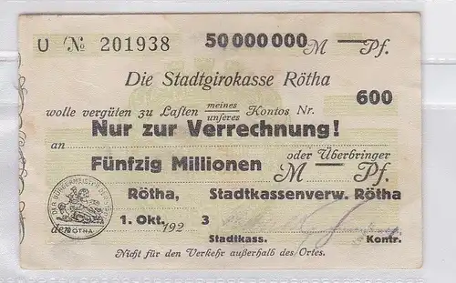 50 Millionen Mark Banknote Stadtgirokasse Rötha 1.10.1923 (118813)