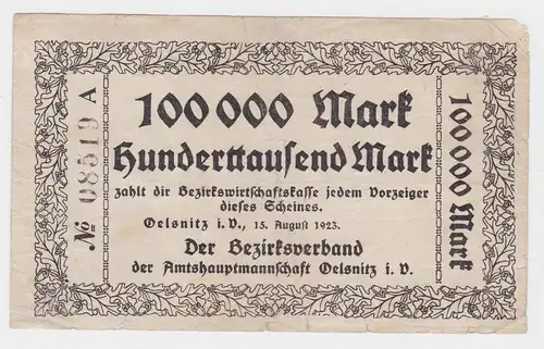 100000 Mark Banknote Amtshauptmannschaft Oelsnitz Vgtl. 15.8.1923 (119224)