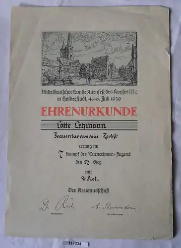 Ehrenurkunde Mitteldeutsches Landesturnfest Halberstadt 1930 (117234)