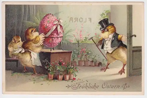 59438 Präge AK Fröhliche Ostern Küken mit Stock und Zylinder im Blumenladen 1916