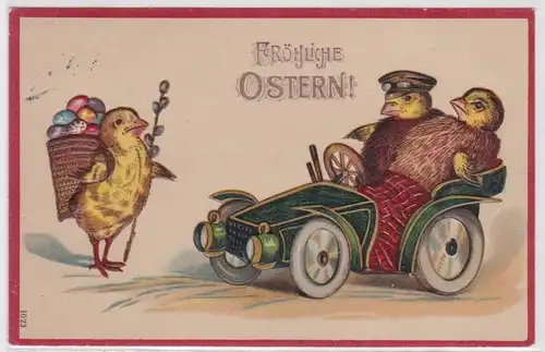 53767 Präge AK Fröhliche Ostern Kükenpaar im Automobil 1917