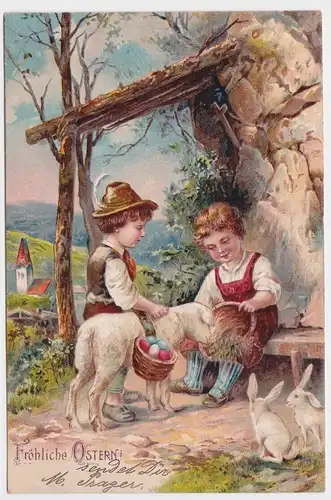 60568 Präge AK Fröhliche Ostern 2 Kinder auf Bank mit Schaf und 2 Häschen 1904