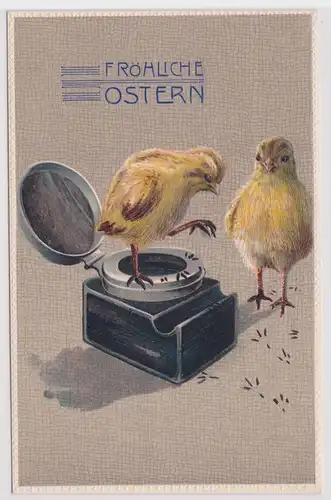 52422 Präge AK Fröhliche Ostern 2 Küken treten in Tintenfaß 1908