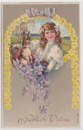 55832 Präge AK Fröhliche Ostern Mädchen mit Hasen und Blumen im Korb 1911