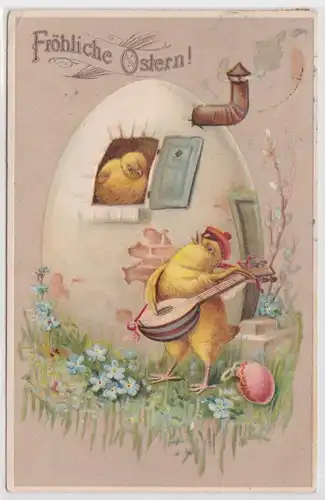 51067 Präge AK Fröhliche Ostern Küken spielt auf Laute der Geliebten vor 1913