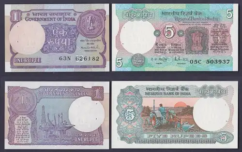 1 und 5 Rupien Banknoten Indien India bankfrisch UNC (123318)