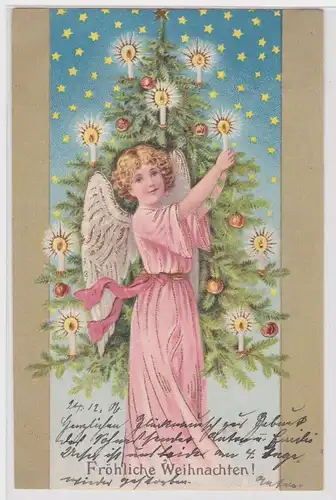 94695 Präge Ak Fröhliche Weihnachten - Engel beim Christbaum schmücken 1906