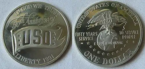 1 Dollar Silber Münze USA 1991 50 Jahre USO (112510)