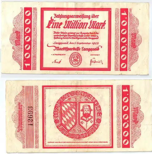 1 Million Mark Banknote Inflation Marktsparkasse Langquaid 5.9.1923 (122987)