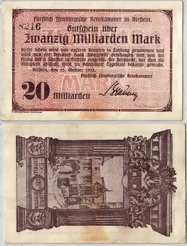 20 Milliarden Mark Banknote Inflation Rentkammer in Birstein 25.10.1923 (121650)