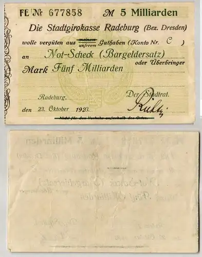 5 Milliarden Mark Banknote Girokasse Radeburg 23.Oktober 1923 (102655)