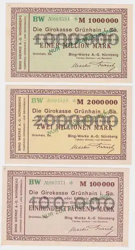 0,1, 1 & 2 Millionen Mark Banknoten Girokasse Grünhain Bing Werke 1923 (121545)