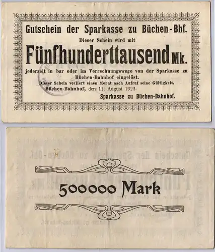 500000 Mark Banknote Sparkasse zu Büchen Bahnhof 11.08.1923 (121199)