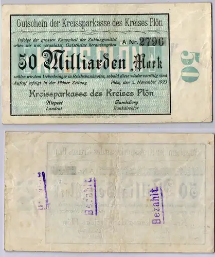 50 Milliarden Mark Banknote Inflation Kreissparkasse des Plön 5.11.1923 (122732)