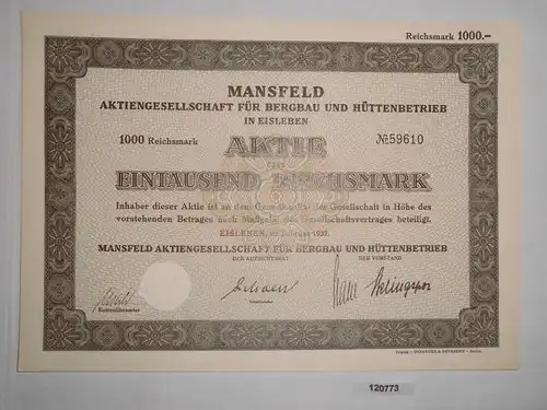 1000 RM Aktie Mansfeld AG für Bergbau und Hüttenbetrieb Eisleben 1937 (120773)