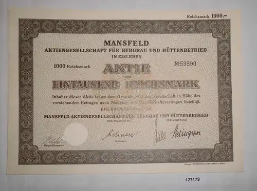 1000 RM Aktie Mansfeld AG für Bergbau und Hüttenbetrieb Eisleben 1937 (127179)