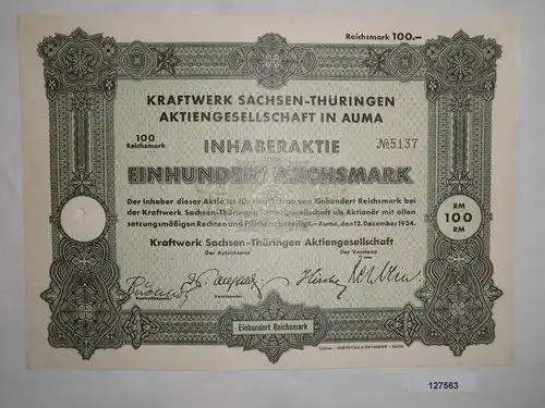 100 Mark Aktie Kraftwerk Sachsen Thüringen AG in Auma 12.12.1934 (127563)