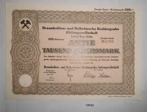 1000 RM Aktie Braunkohlen- & Briketwerke Roddergrube AG Brühl Juli 1935 (128763)