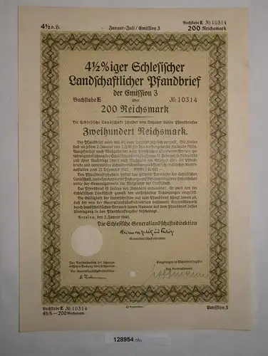 200 RM Pfandbrief Schlesische Landschaftsdirektion Breslau 2. Jan. 1940 (128954)