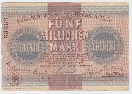 5 Millionen Mark Banknote Inflation Kreis Höchst am Main 10.8.1923 (140076)