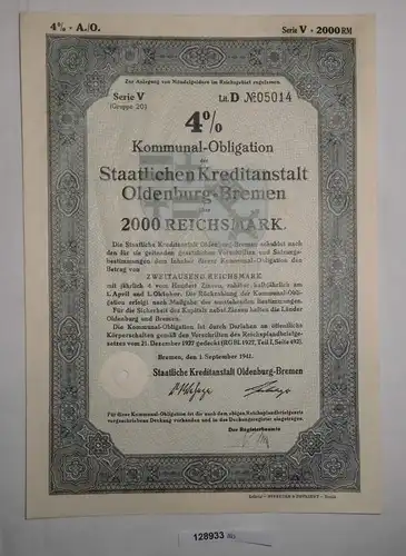 2000 RM Obligation Staatliche Kreditanstalt Oldenburg-Bremen 1.Sep 1941 (128933)