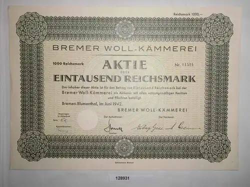 1000 RM Aktie Bremer Woll-Kämmerei Bremen-Blumenthal Juni 1942 (128931)