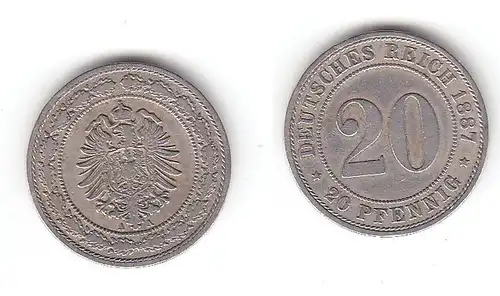 20 Pfennig Nickel Münze Kaiserreich 1887 A, Jäger 6 (112864)