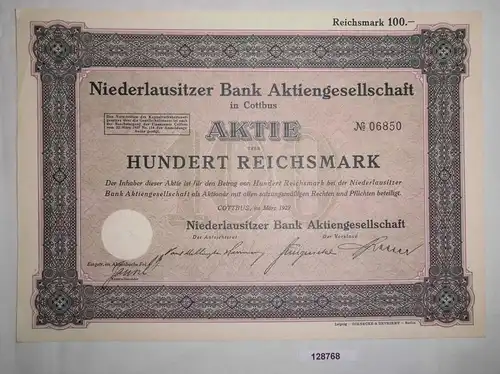 100 RM Aktie Niederlausitzer Bank AG Cottbus März 1927 (128768)